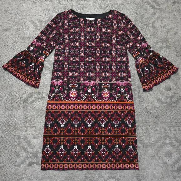 LONDON TIMES Dark Multi Color Boho Mini Shift Dress, 3/4 Bell Sleeves, Size 2 - Picture 7 of 13